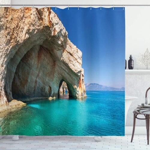 Greece Shower Curtain Sea Cave on Zakynthos Island Greece Vacation Relaxing Seascape Coastline Picture Bathroom Decor Set