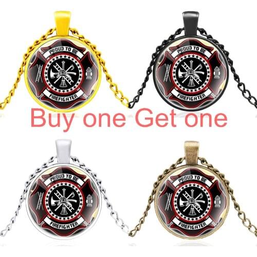 Classic Fashion Firemen Black Glass Cabochon Men Women Pendant Necklace Jewelry Accessories Gifts