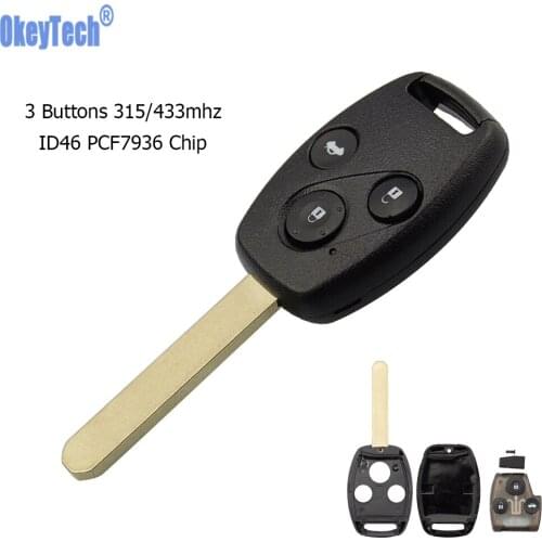 OkeyTech Remote Car Key For Honda Fit Accord Civic CRV Pilot Insight Jazz HRV 3 Buttons 315/433mhz ID46 PCF7936 Chip Uncut Blade