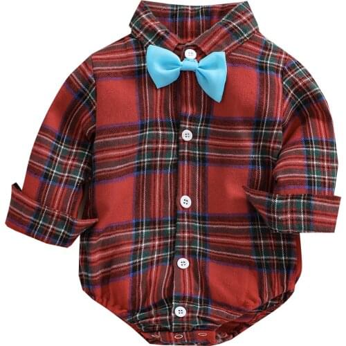 Infant Newborn Baby Boys Plaid Bodysuits Gentleman Bow Tie Christmas Jumpsuits Long Sleeve Spring Autumn Clothes
