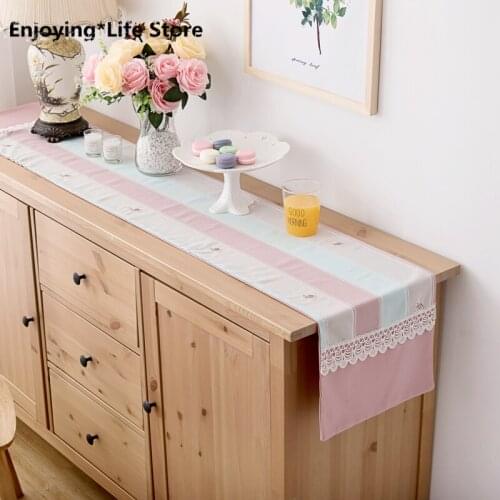Creative Table Runner Pure Cotton Linen Table Cover Wedding Party Christmas Table Runner Striped Embroidery Tablecloth Pink