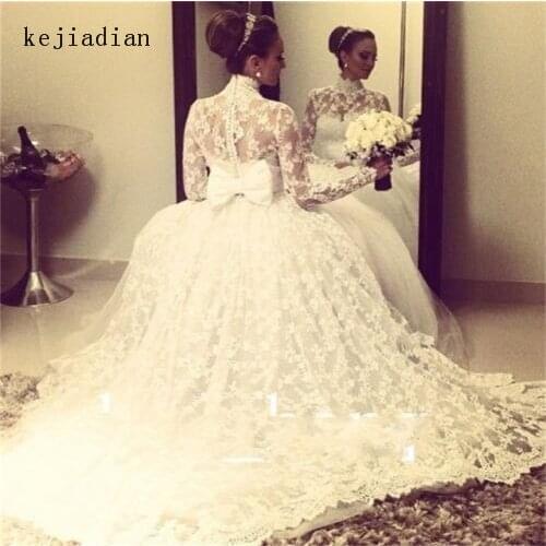 High neck lace Wedding Dress long sleeve Sexy bow Wedding Gown button Bride Dress Vestido de noive Robe de mariage