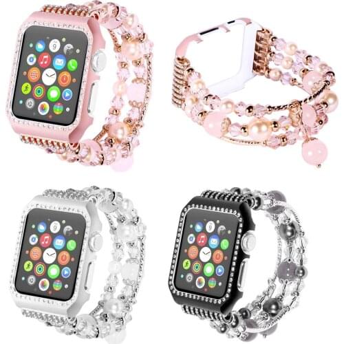 Glitter Bling Metal Cover Case Shiny Agate Pearl Watch Strap for Apple Watch Series 3 2 1 iWatch Band Stretch Bracelet 42mm 38mm