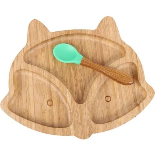 Baby Natural Bamboo Bowl Spoon Set Cartoon Animal Divided Dinner Plate Infants Learning Feeding Dish