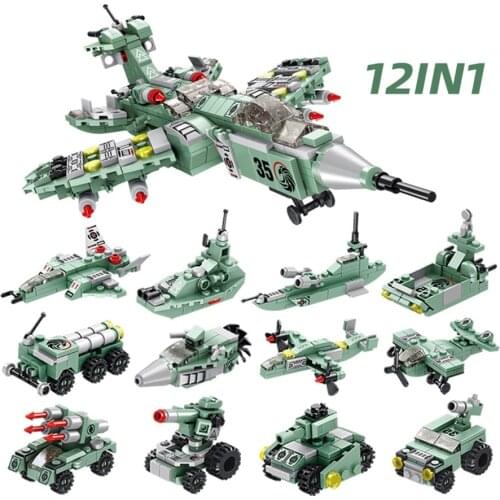 New Military Series 12 IN 1 Transfomation Destroyer Fighter Building Blocks Set Battleship Patrol Boat Tank Bricks Juguetes