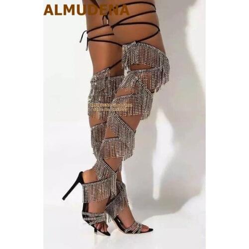 ALMUDENA Newest Bling Bling Crystal Fringe Long Sandals Thin High Heel Glitter Rhinestone Tassel Lace -up Sandal Boots Size43