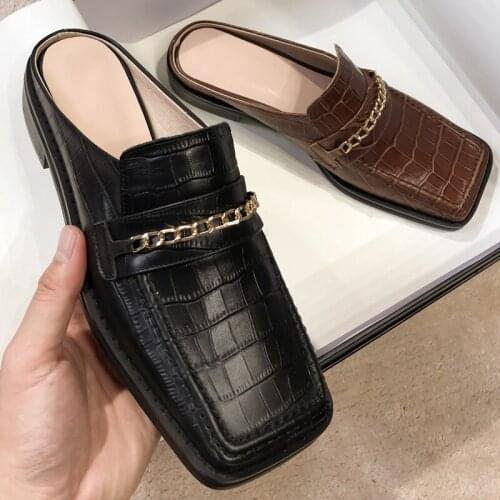 New Slingbacks Handmade Genuine Leather Women Pumps Square Toe Chunky Heels Women Shoes Metal Decoration Slip On Women Footwears