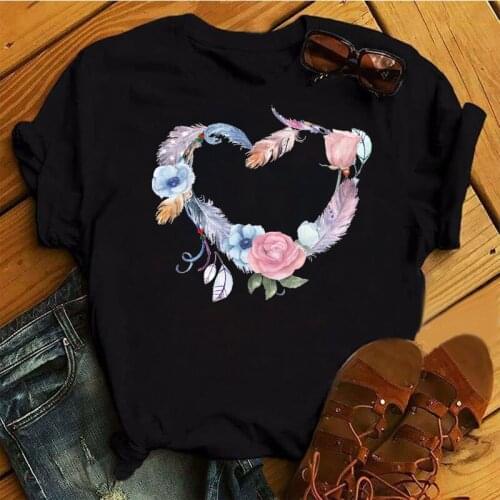 New Women Black T Shirt Feather Flower Love Heart Printed Tops Ladies Female Cute Graphic Tee Shirts Women O-neck T-shirts Tops