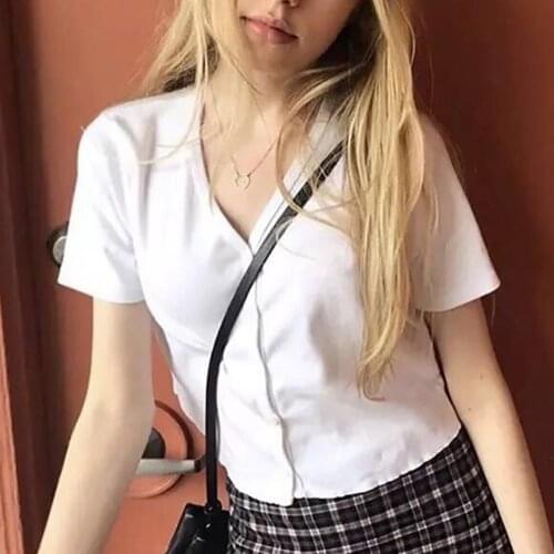 Solid Color Short Sleeves V Neck Cardigan Summer Women Slim Top T-Shirt Shirts womens T-shirts top female woman cloth tshirts