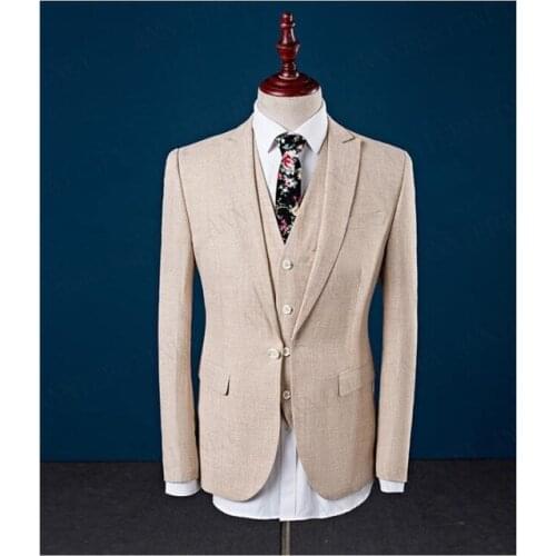 ANNIEBRITNEY Jacket Pants Beige Men linen Suit Slim Fit Fashion Leisure Groom Wedding Men Dress Custom Big Size Tuxedo Set 2019