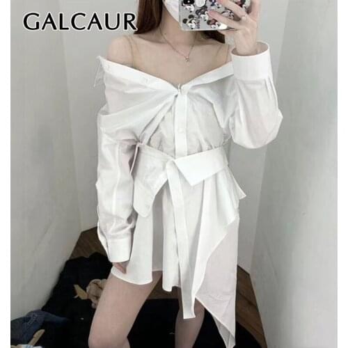GALCAUR Patchwork Mesh Irregular Hem Dress For Women V Neck Long Sleeve Asymmetrical Dresses Female 2020 Summer New Clothing