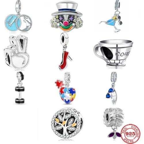 New Silver 925 Coffee Cup Clown Camera Dumbbell Dangle Charm Bead Fit Original Pandora Bracelet Pendant DIY Jewelry For Women