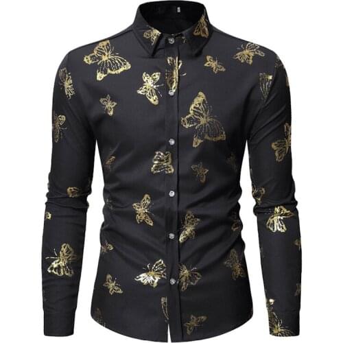 Luxury Butterfly Print Long Sleeve Shirt Men 2021 Brand Slim Fit Button Up Shirt Mens Party Nightclub Prom Dress Shirts Camisas