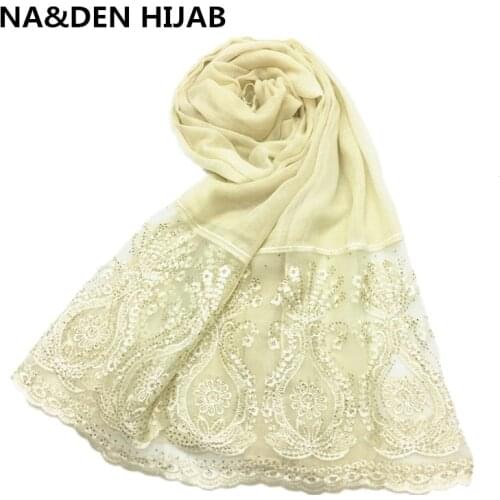 Luxury flower lace hot diamonds viscose plain solid scarf lace floral edges shawl muslim women hijabs fashion wraps 10 pcs/lot