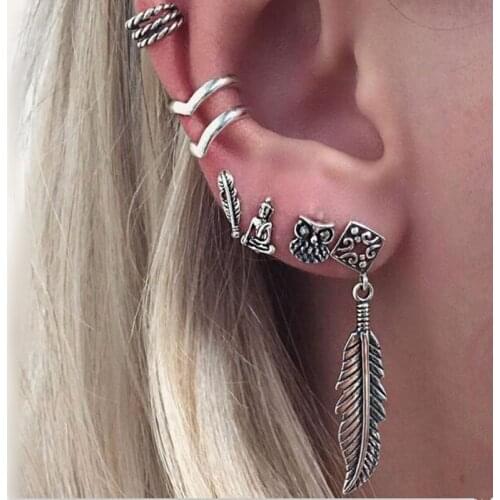 New Hot 7PCS Boho Earrings Set Feather Buddha Owl Leaves Moon Ancient Tibetan Silver Stud Earring Ear Cuff Vintage Beach Jewelry