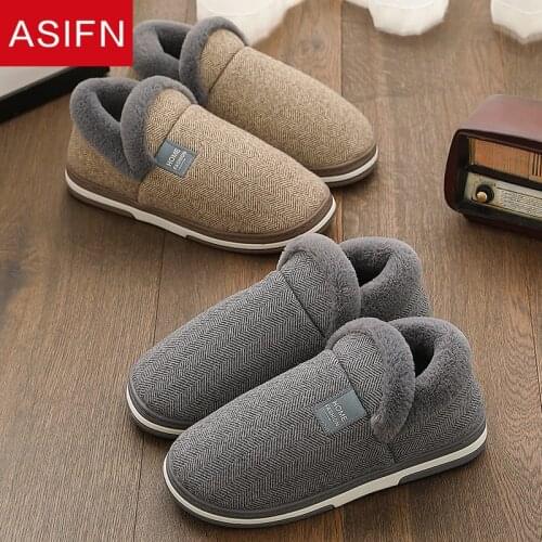 ASIFN Mens Home Winter Slippers Women Non-slip Indoor House Warm Cotton Furry Shoes Male Slippers with Fur Zapatos De Hombre