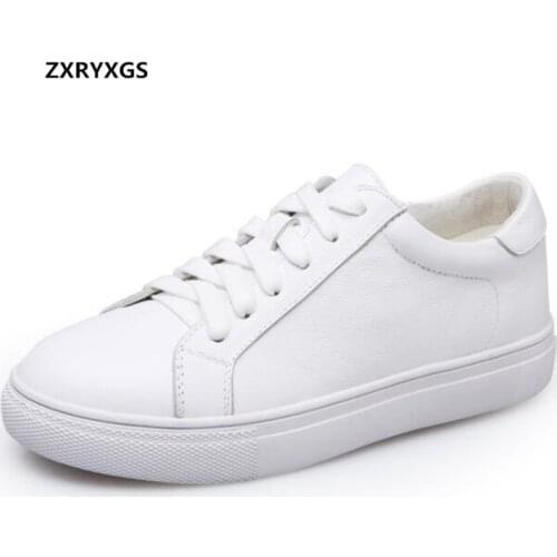 Best Sale 2020 Spring Lace -up Pure White Shoes Women Sneakers Flat Shoes Soft Comfort Full Genuine Leather Shoes Casual Shoes