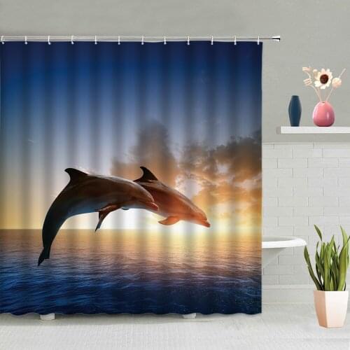 Marine Animal Shower Curtains Dolphin Shark Bathroom Decoration Bath Curtain Washable Hanging With Hook Set Home Screen Decor