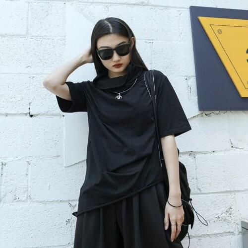 Ladies' new summer classic dark high neck pile neck irregular design casual large short sleeve T-shirt