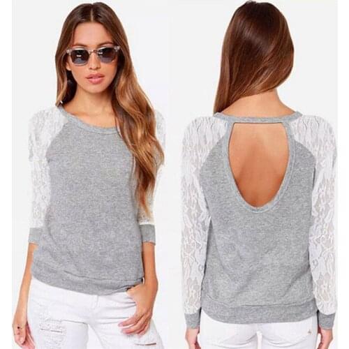 Women T-Shirt 2021 Long Sleeve Lace Patchwork Jumper Tee Shirt Femme Gray T Shirts Female Tops Hollow Out O Neck Women Tops Tee