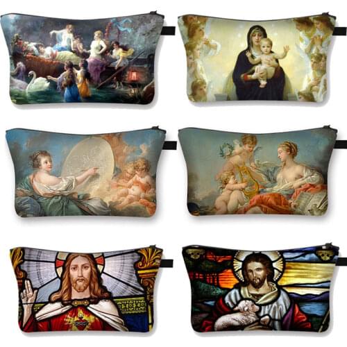 Vintage Oil Painting Religion Jesus Cosmetic Bag Women Canvas Portable Makeup Bag for Travel Ladies Makeup Organizer Bags