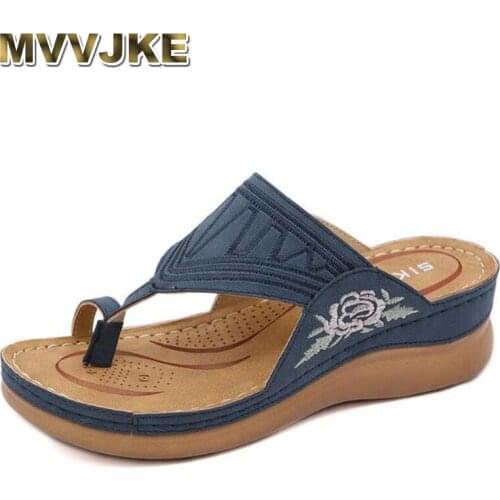 MVVJKE summer new large size embroidered womens slippers flip-flops slippers with slope heel lightweight non-slip beach shoes