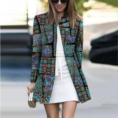 Women Vintage Printed Pattern Slim Casual Jacket Elegant Round Neck Fall Long Coat Fashion Office Ladies Style Autumn Streetwear
