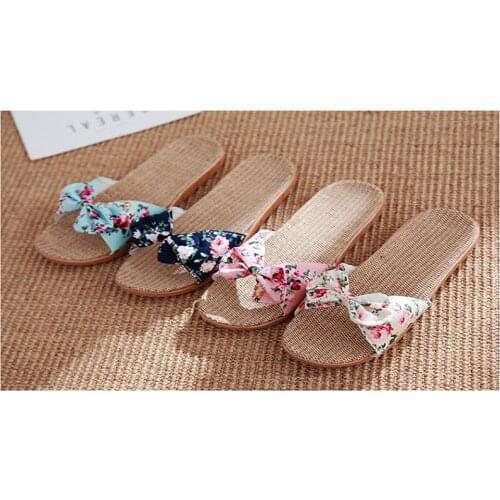 Women Summer Straw Beach Slippers Plus Shoes Female Bowknot Flax Linen Flip Flops Beach Shoes Sandals Slippers