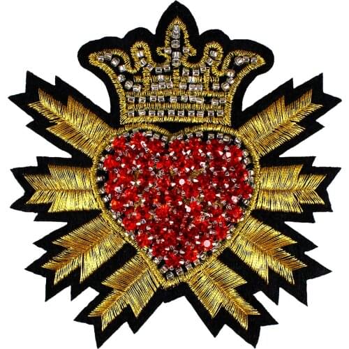 10piece Beaded Crystal Red Diamond Heart Crown Patches Gold Badge Embroidery Applique Sew on Embossed Clothes Craft Sewing TH756