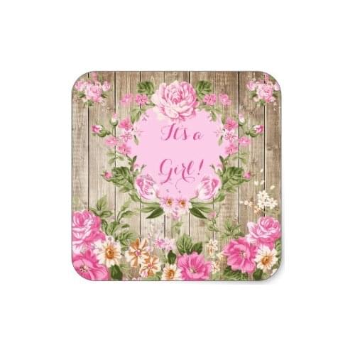 3.8cm Baby Shower Pink Floral Rustic Wood Girl Square Sticker