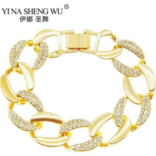 Iced Out Gold Color Men Hiphop Bling Bracelets Fashion Rhinestone 20cm Long Miami Cuban Link Chain Hip Hop Bracelet Men Jewelry