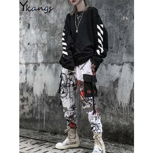 Streetwear Letter Ribbons Casual Hip Hop Joggers Cargo Pants for Women Block Hit Color Pocket Baggy Pants Trousers Sweatpants