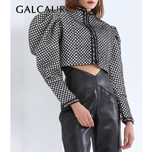GALCAUR Casual Short Coats For Women O Neck Puff Long Sleeve Plaid Plus Size Streetwear Jackets Female 2021 Autumn Clothes Tide