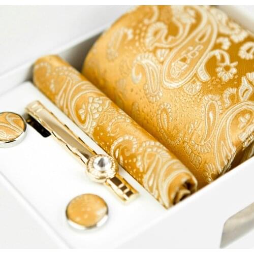 Ties Four Piece Set Floral Paisley Solid Gold Yellow Champagne Mens Neckties Pocket Square Tie Clip Cufflinks New Silk Wholesale
