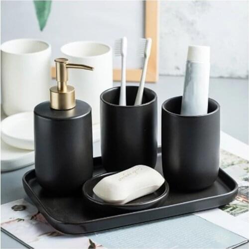 Ceramic Wash Set Bathroom Decoration Accessories Lotion Bottle Soap Dish Black StorageTray Shower Gel Dispenser Household Bathr