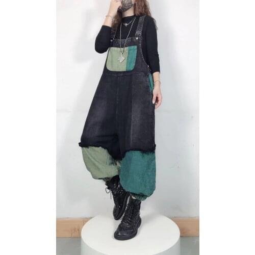 Punk Style Denim Overalls Women Autumn Baggy Big Size hip hop Suspenders Drop Crotch jeans Patchwork Cowboy Wide Leg Jumpsuit