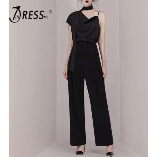 INDRESSME New Fashion 2 Piece Sets Halter Crop Top With Loose Wide Legs Pants Quality Satin Stylish Women Office Sets 2019