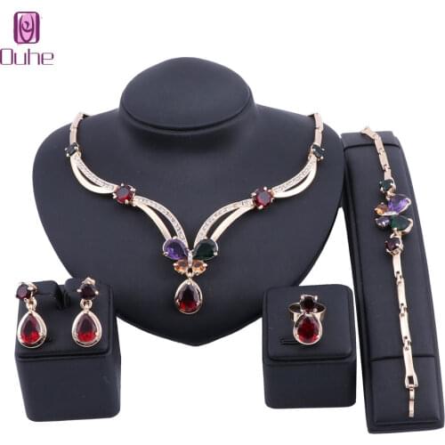 Bridal Gift Nigerian Wedding Woman Accessories Jewelry Set African Beads Jewelry Set Dubai Golden Colorful Zircon Crystal Set