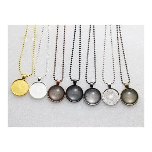 10kits 25mm Round Necklaces Pendants Base Blank Tray Settings Include Pendant+2.4x24 Inch Ball Chain+25mm Glass For DIY Making