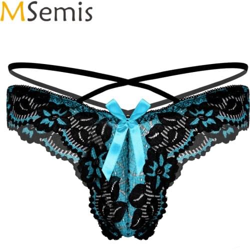 Mens Lingerie Low Waist T-back Thongs Underwear Hollow Out Floral Lace Erotic Panties Underpants Bowknot Decor G-string Briefs