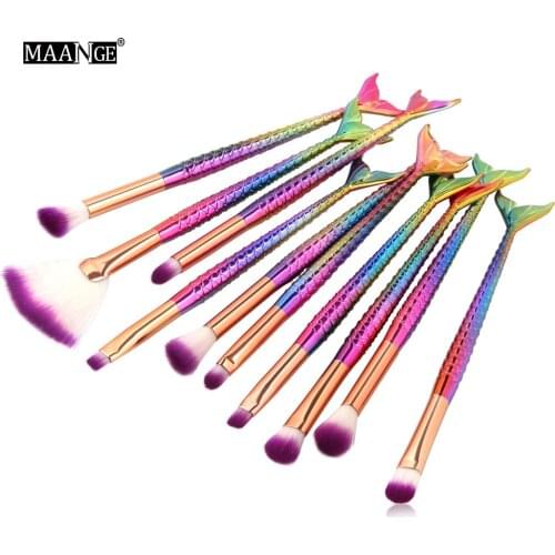 MAANGE 10PCS Mermaid Makeup Brushes Set Colorful Handle Eye Shadow Eyeliner Lip Foundation Powder Brush Cosmetics Make Up Tools