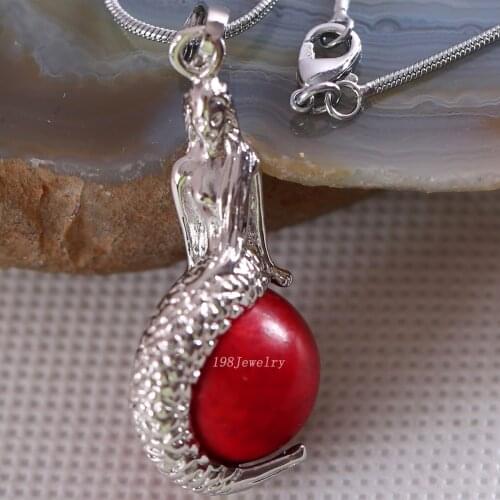 Natural Stone Mermaid Pendant Round Bead Red Howlite Necklace Pendant E860