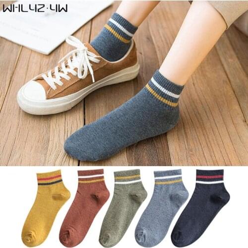 5 Pairs Woman Girl Boat Ankle Socks Cotton Striped Bright Color Young Street Fashion Harajuku Happy No Show Socks EU 35-39
