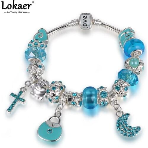 Lokaer Fashion Glass Beads Charm Bracelet & Bangle With Cross Bag Moon Charms And Crystal Ball Beads Bracelets Jewelry PABR052