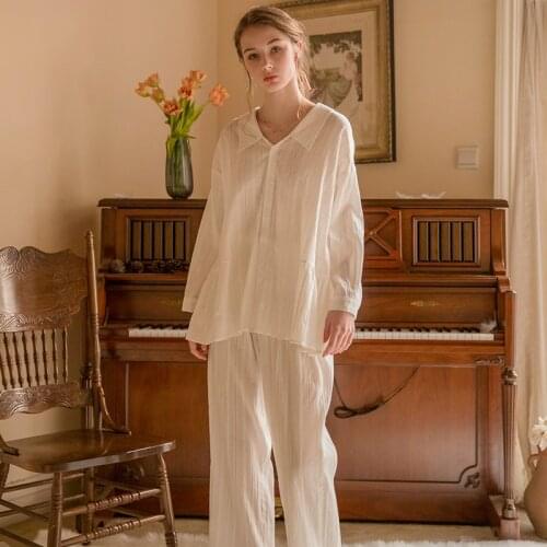 Pajamas Women Fashion Classic White Pajama Suit Long Sleeve Pajamas Leisure Sleepwear Lady