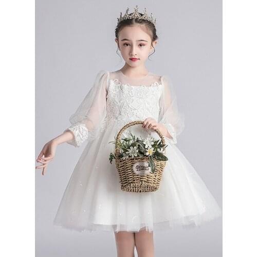 Kids Girls Dress Children Bridesmaid Elegant Dress Lantern Sleeve Embroidery Pageant Formal Party Dress Ball Gown 4-9T White