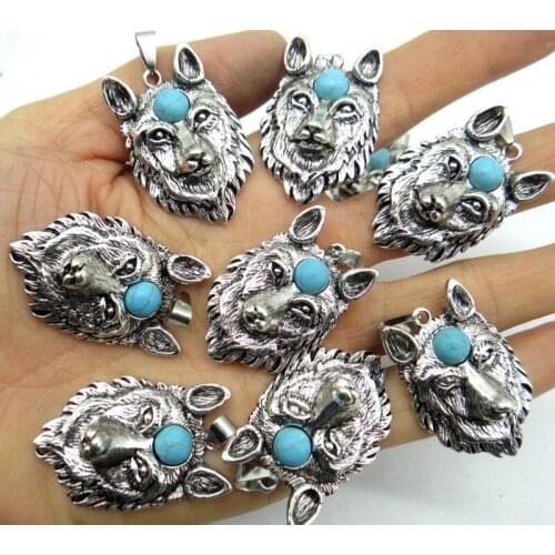 Natural Stone Turquoises Quartz crystal Antiek Zilver Zinklegering Wolf head Pendant for diy making necklace Accessories5pcs