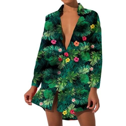 UJWI Leaf Floral Shirt Women Green Shirt Feminine Trending Shirt Lady Forest Girl Shirts Casual Oversize Colorful Flowers 3D