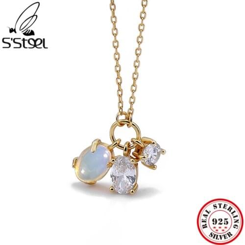 SSTEEL 925 Sterling Silver Pendant Necklace Gift For Women Statement Zircon Design Temperament Fashion Moonstone Fine Jewelry