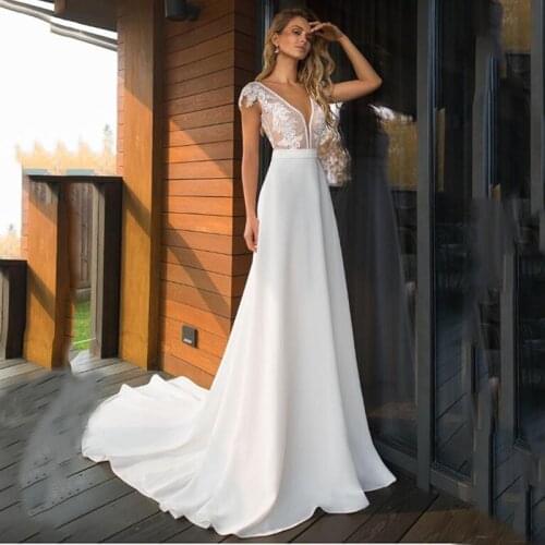 Elegant A-line Wedding Dresses V-neck 2021 Satin Boho Bridal Gowns Open Back Vestido de noiva Vintage White Ivory Robe De Mariee